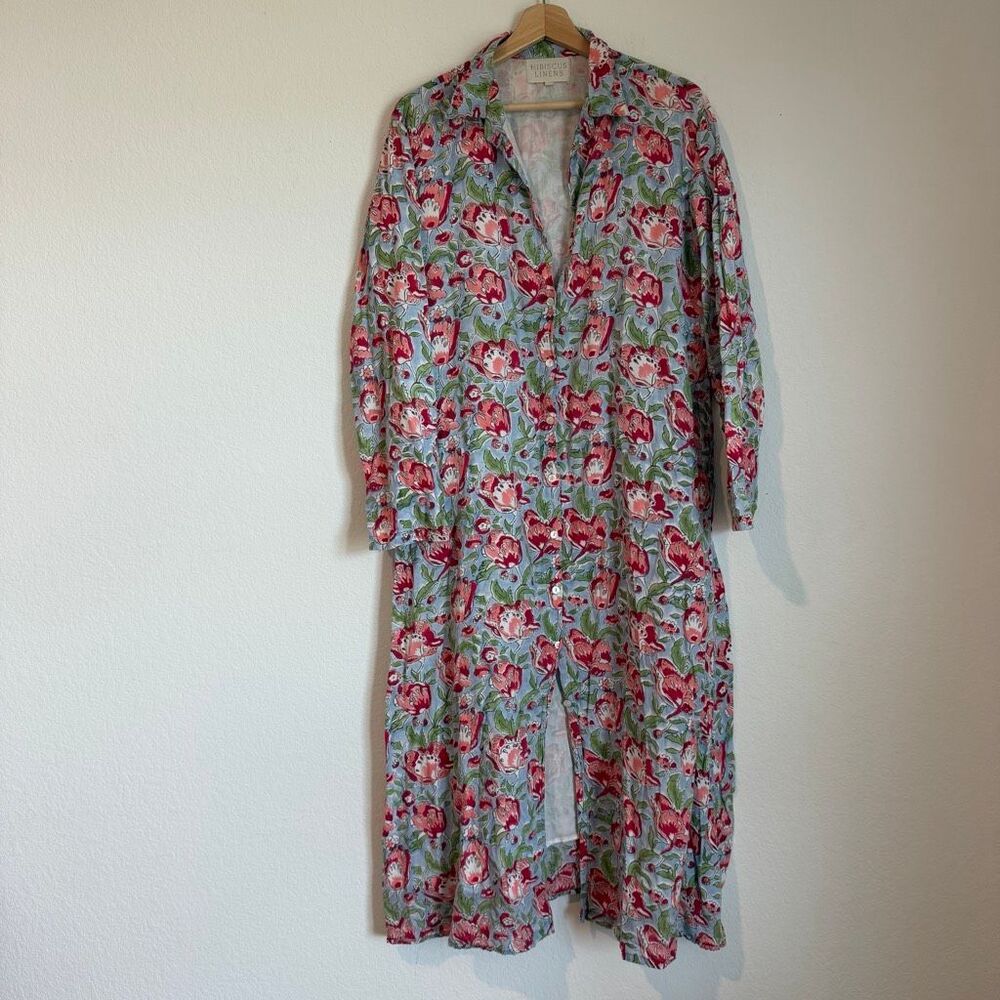 Hibiscus Linens Floral Long Sleeve Button Up Midi Shirt Dress Women's Size Large